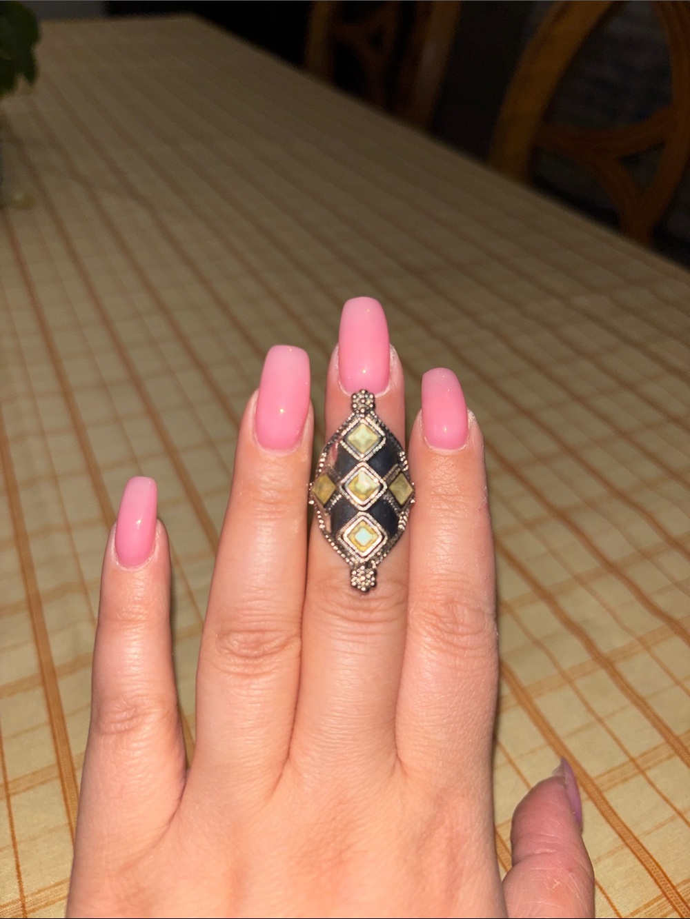 Statement Silver and Yellow Diamond-Pattern Ring - Women's Jewelry probably a 6